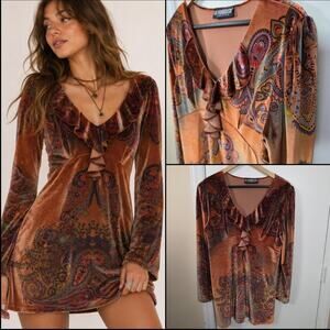 Pyramid Collection Paisley Velour Floral Tunic Dress Sz M Boho Bohemian Festival